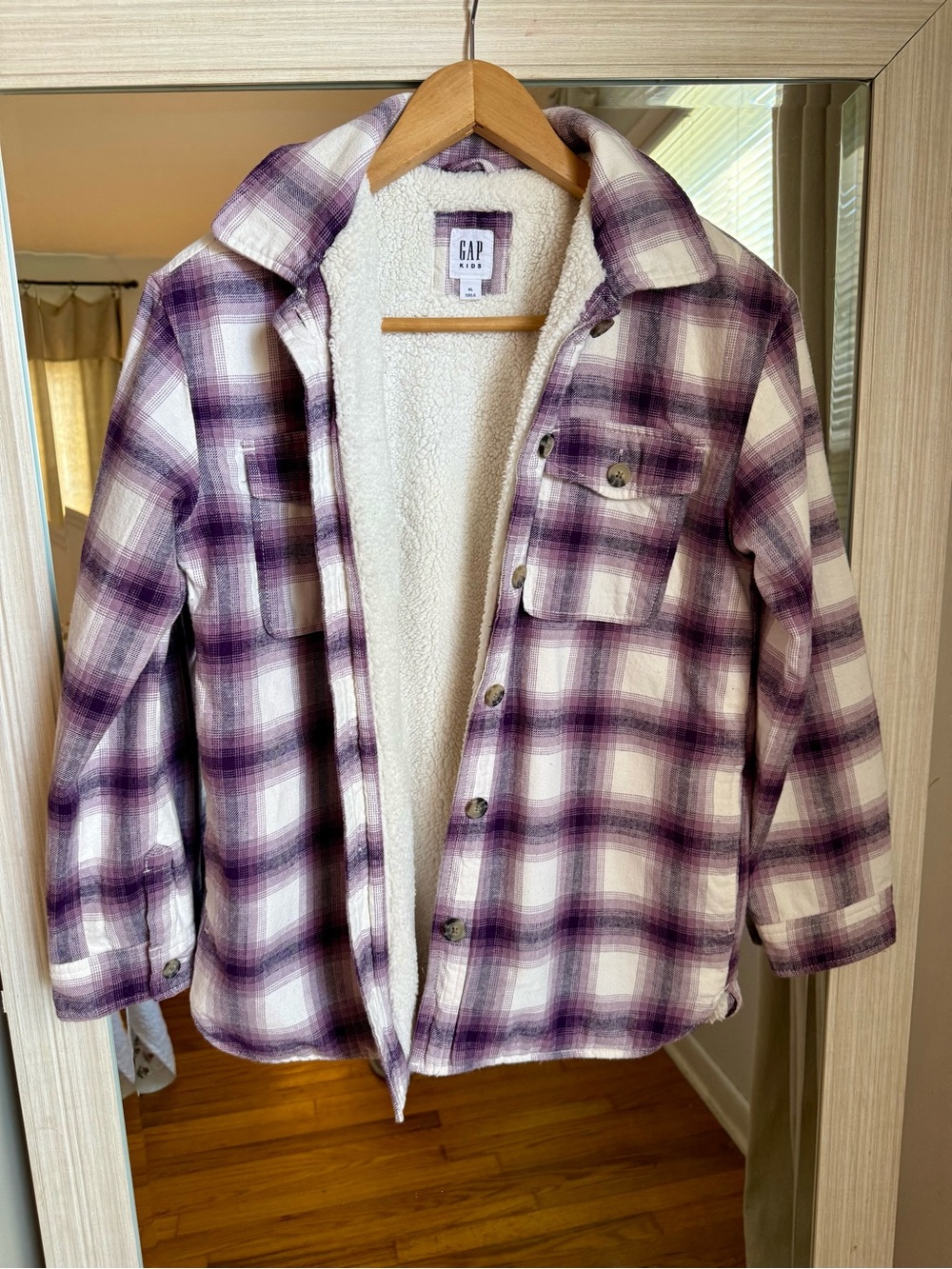 Gap Kids Sherpa Lined Purple White Plaid Flannel Shirt Jacket Shacket